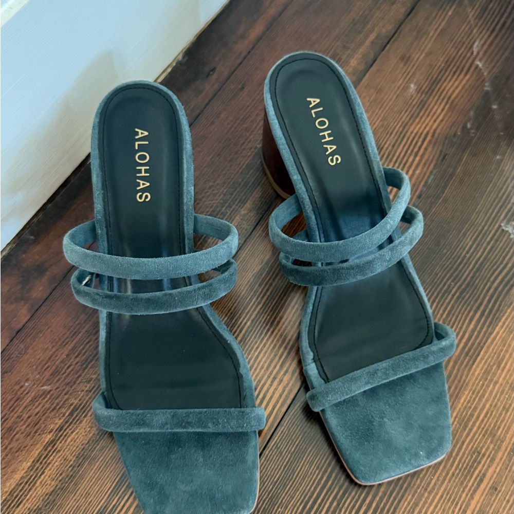 ALOHAS Blue Suede Double Strap Heels